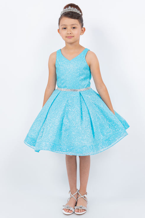 Big Girls Multi Color Glitter Mesh V Neck Short Dress 4-16